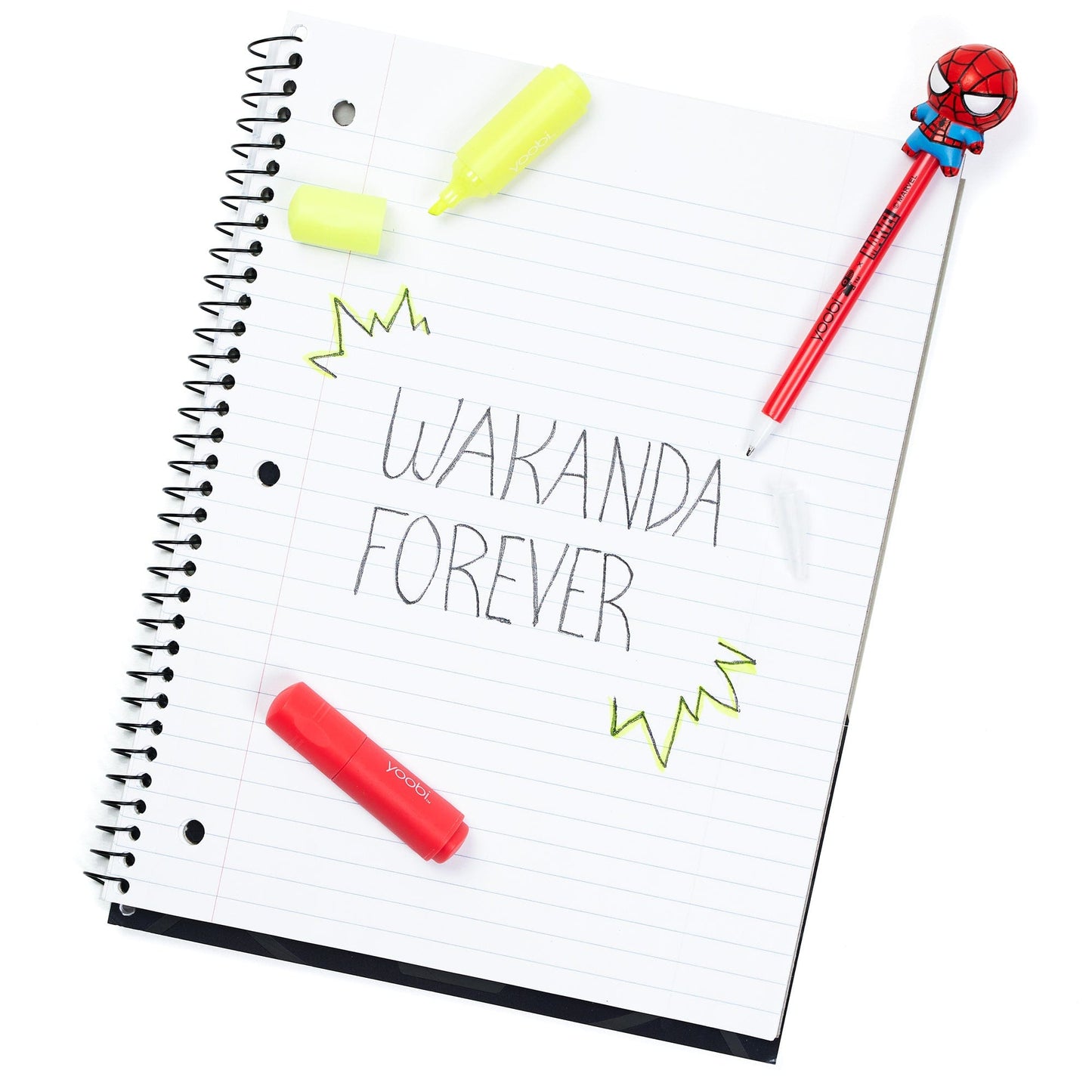 Inside of one subject notebook showing 3-ring hole punched perforated college ruled paper.  Shown with pen and highlighters