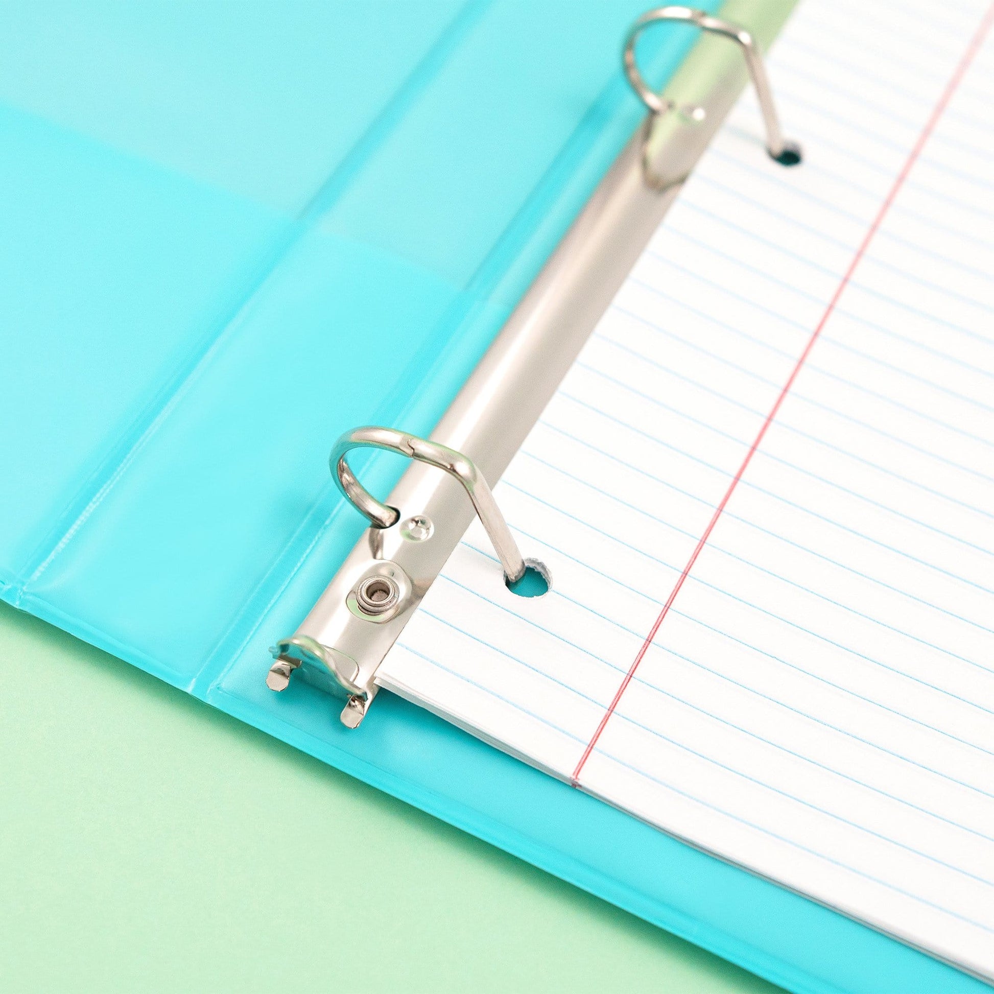 inside of open mint 3-ring binder showing D-ring detail inside binder