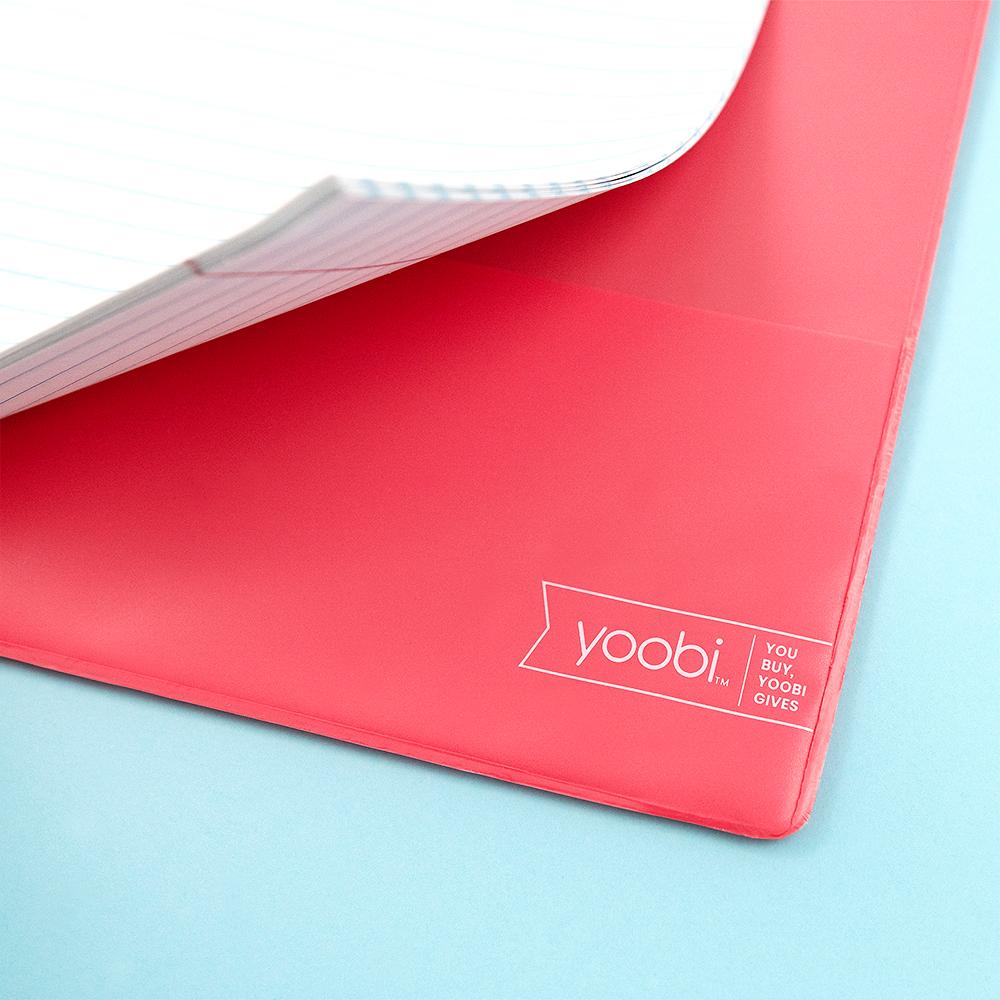 inside of coral 3-ring binder showing inside pocket detail with yoobi logo