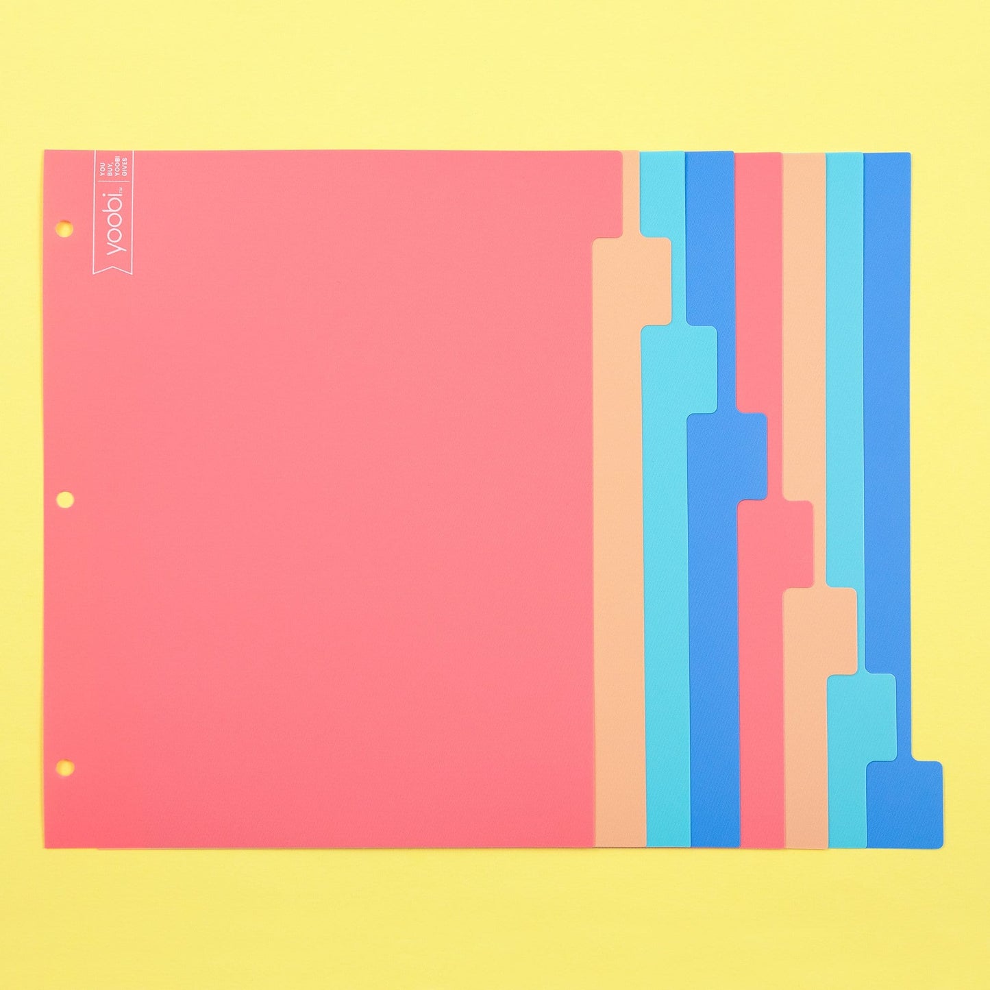 8 tab dividers in 4 colors - coral, blush, mint and blue, with 3-hole punch