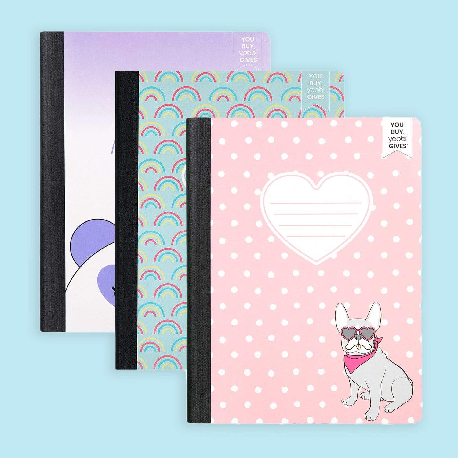 set of 3 composition books - Frenchie polka dot, aqua rainbow and pandacorn