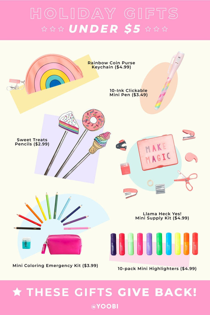 Check out our Yoobi holiday gifts under $5 – perfect for stocking stuffers and novelty gifts. Best of all? All these items give back to classrooms in need. From our mini supply kits to our fan-favorite mini highlighters, these gifts will spread the holiday cheer for your loved ones.