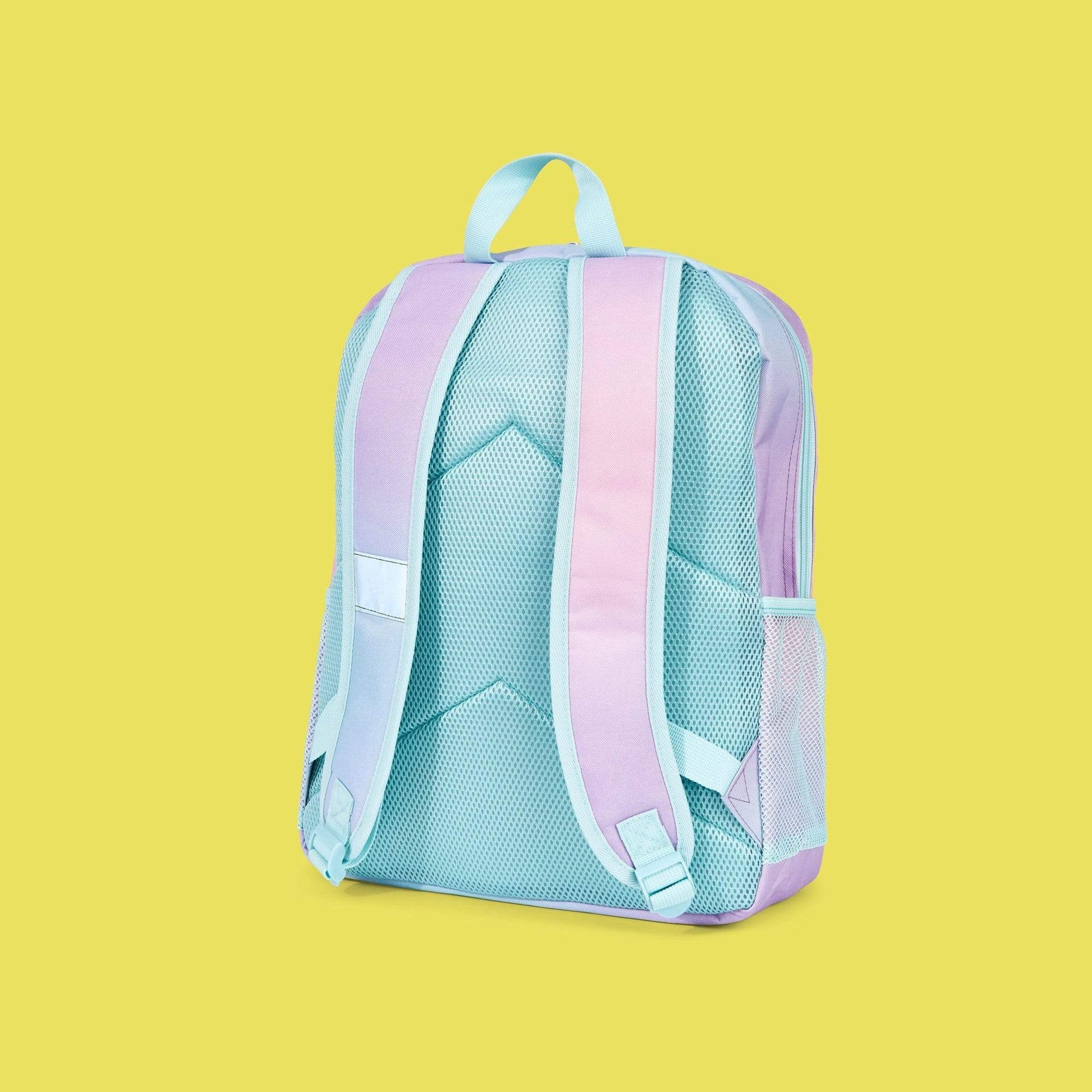 back of floaty Spider-Man backpack showing aqua back and lavender back straps.  Aqua handle and zipper detail